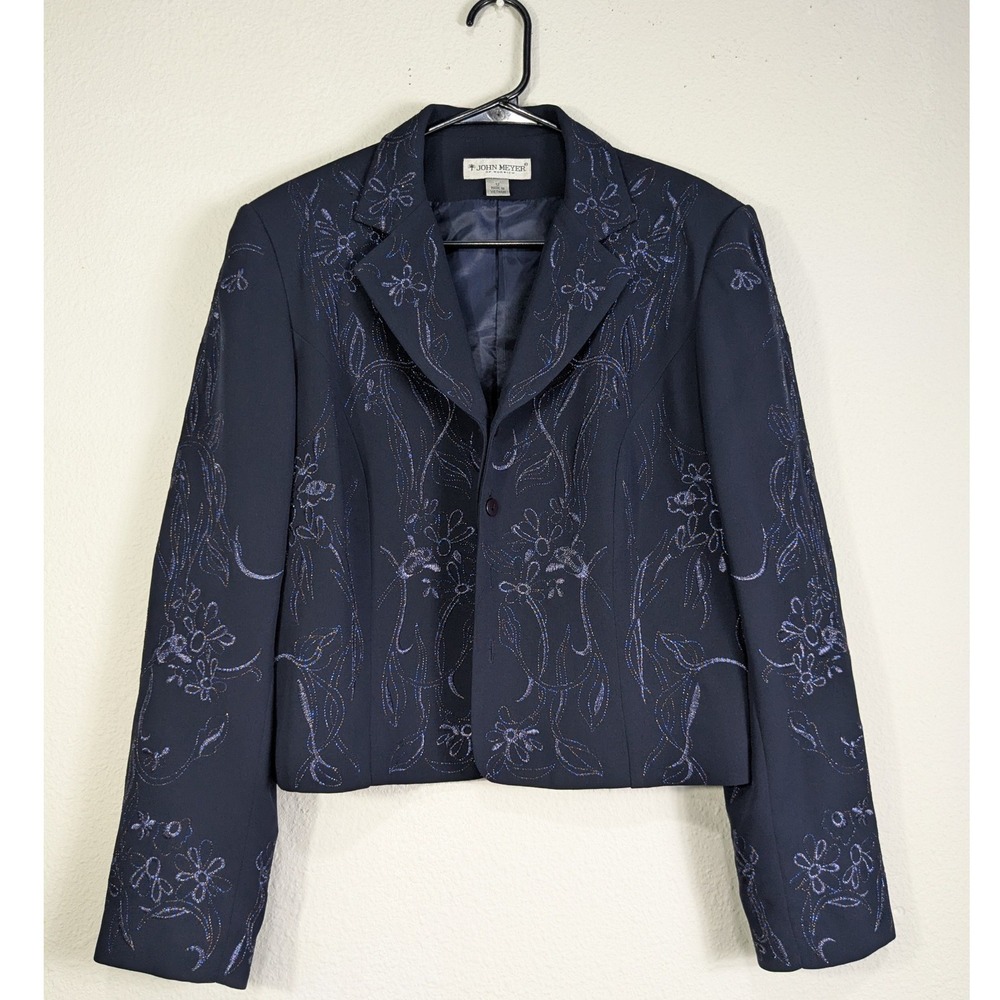 John Meyer of Norwich  Blazer Jacket 12  Navy Blue Floral Embroidered Metallic